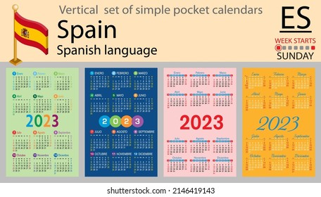 Spanish vertical pocket calendar for 2023 (two thousand twenty three). Week starts Sunday. New year. Color simple design. Vector