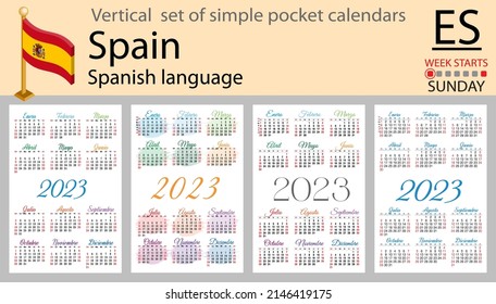 Spanish vertical pocket calendar for 2023 (two thousand twenty three). Week starts Sunday. New year. Color simple design. Vector