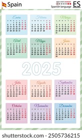 Spanish vertical pocket calendar for 2025 (two thousand twenty five). Week starts Monday. New year. Color simple design. Vector