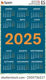 Spanish vertical pocket calendar for 2025 (two thousand twenty five). Week starts Monday. New year. Color simple design. Vector