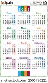 Spanish vertical pocket calendar for 2025 (two thousand twenty five). Week starts Monday. New year. Color simple design. Vector