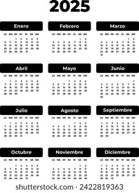 Spanish vertical rectangular black calendar for 2025 year. Large bold font. Isolated vector image. Illustration template for design, planner
