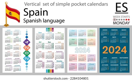 Spanish vertical set of pocket calendar for 2024 (two thousand twenty four). Week starts Monday. New year. Color simple design. Vector