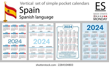 Spanish vertical set of pocket calendar for 2024 (two thousand twenty four). Week starts Monday. New year. Color simple design. Vector