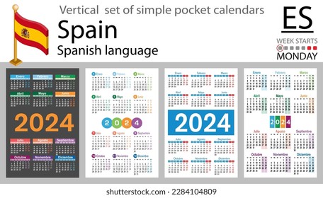 Spanish vertical set of pocket calendar for 2024 (two thousand twenty four). Week starts Monday. New year. Color simple design. Vector