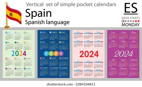 Spanish vertical set of pocket calendar for 2024 (two thousand twenty four). Week starts Monday. New year. Color simple design. Vector