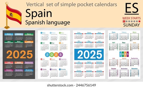 Spanish vertical set of pocket calendar for 2025 (two thousand twenty five). Week starts Sunday. New year. Color simple design. Vector