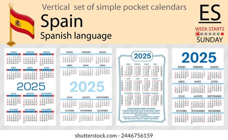 Spanish vertical set of pocket calendar for 2025 (two thousand twenty five). Week starts Sunday. New year. Color simple design. Vector