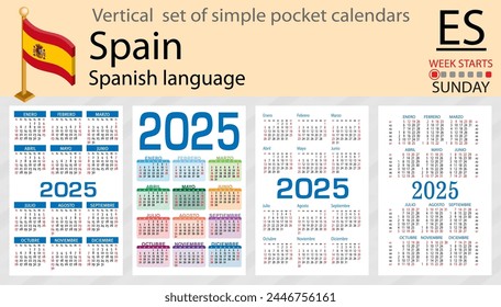 Spanish vertical set of pocket calendar for 2025 (two thousand twenty five). Week starts Sunday. New year. Color simple design. Vector