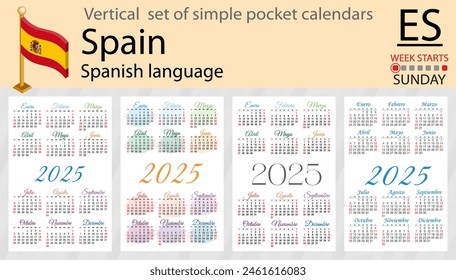 Spanish vertical set of pocket calendar for 2025 (two thousand twenty five). Week starts Sunday. New year. Color simple design. Vector