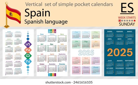 Spanish vertical set of pocket calendar for 2025 (two thousand twenty five). Week starts Sunday. New year. Color simple design. Vector