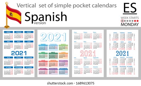 Conjunto vertical español de calendarios de bolsillo para 2020 (dos mil veintiún). La semana empieza el lunes. Año nuevo. Diseño sencillo en color. Vector