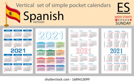 Spanish vertical set of pocket calendars for 2020 (two thousand twenty one). Week starts Monday. New year. Color simple design. Vector