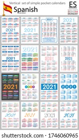 Juego vertical español de calendarios de bolsillo para 2021 (dos mil veintiuno). La semana empieza el lunes. Año nuevo. Diseño sencillo en color. Vector