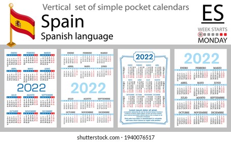 Spanish vertical set of pocket calendars for 2022 (two thousand twenty two). Week starts Monday. New year. Color simple design. Vector
