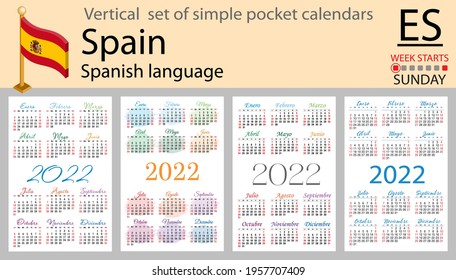Spanish vertical set of pocket calendars for 2022 (two thousand twenty two). Week starts Sunday. New year. Color simple design. Vector