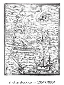 Spanish Vessels is a fac simile of a cut in Medina Arte de navegar, vintage line drawing or engraving illustration.