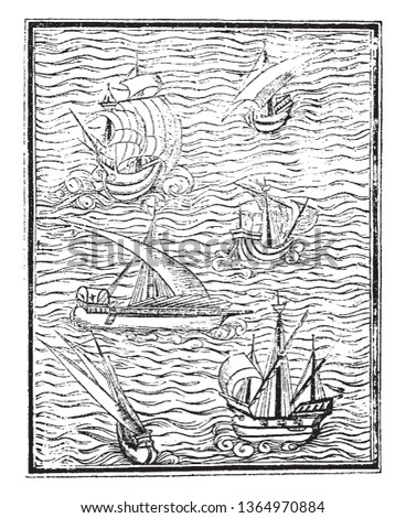 Spanish Vessels is a fac simile of a cut in Medina Arte de navegar, vintage line drawing or engraving illustration.