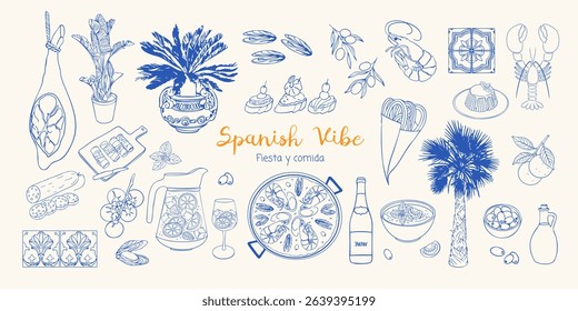 Spanish vibe set in sketch style. Hand drawn Mediterranean food, paella, sangria, tapas, gazpacho, churros, chorizo, jamon. Coastal collection for card, prints, wedding, menus design.