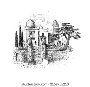 Spanish villa in Moorish style. Vector landscape. Ink sketch of the street. Hand drawn vintage illustration for book, emblem or print. 