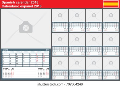 Spanish Wall Calendar 2018. Week Starts Monday. Decoration in cold colors. Calendar template January - December, vector illustration. Template with Place for Photo.