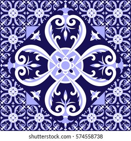 Spanish white blue tiles floor pattern vector with ceramic tiles. Big tile in center is framed in small. Background with portuguese azulejo, mexican talavera, delft dutch or italian majolica motifs.