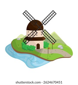 Spanish windmill landscape. Vector illustration