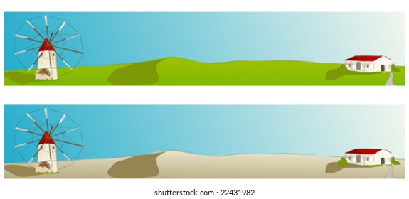Spanische Windmühle mit typischem Haus La Mancha - Vektorgrafik - Webbanner