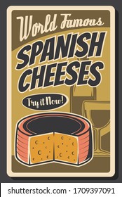 Spanish wine and cheese vector design of Spain travel and food tourism. Bottle and glass of Spanish grape alcohol drink and national dairy product retro poster