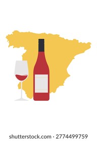 Spanish wine concept. Red wine bottle and glass on Spain map silhouette. Vineyard region beverage theme. Simplicity vector illustration