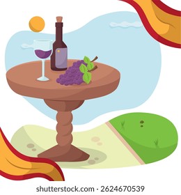 Spanish wine and grape scene. Vector illustration