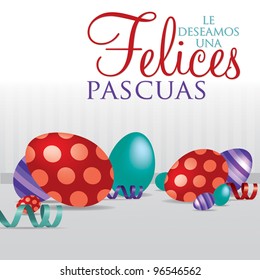 Spanish "Wishing you a Happy Easter" scattered egg cards in vector format.