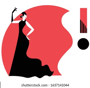 spanish woman in black dress dancing flamenco. Stylized vector illustration