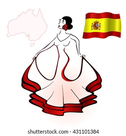 Spanish woman dancing flamenco. Flag of Spain. Contour. Circuit dancers. Vector.