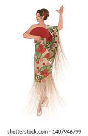 Spanish woman dressed in fringed shawl, wearing fan and flower in her hair, dancing flamenco