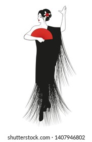 Spanish woman dressed in fringed shawl, wearing fan and flower in her hair, dancing flamenco