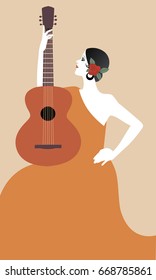 Spanish woman with guitar. Symbolic image of Spain. Vector Illustration.