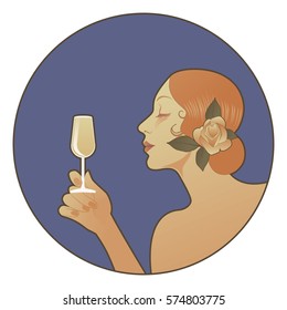 Spanish woman holding a glass of red wine. Vector illustration. Good for labels or packaging. Space for text, title or company name