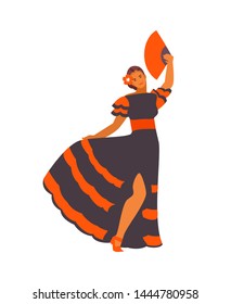 Spanish woman in national dress performs traditional dance. Flamenco vector illustration