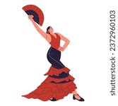 Spanish woman in red dress perform flamenco. Dancer, performer dancing latin dance with fan. Music performance of passion, flame. Spain culture. Flat isolated vector illustration on white background