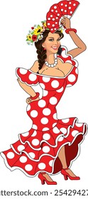 Spanish woman in a red dress with white polka dots with a fan in cartoon style. Photo zone figure on a transparent background. Vector illustration