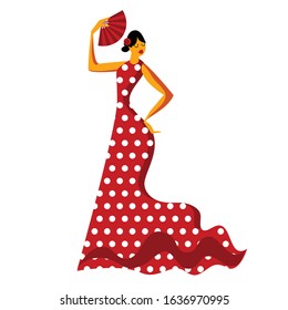 spanish woman in red polka dot dress dancing flamenco. Stylized vector illustration