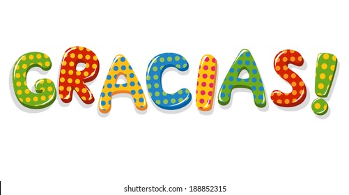 Spanish word Gracias colorful lettering with polka dot pattern