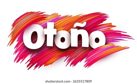 Spanish word meaning autumn in bold white letters over warm multicolor vector brush strokes
