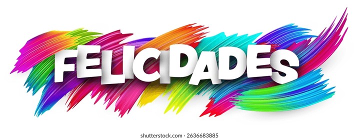 Spanish word meaning congratulations in bold white letters over vibrant multicolor vector brush strokes