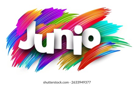 Spanish word meaning June in bold white letters over vibrant multicolor vector brush strokes