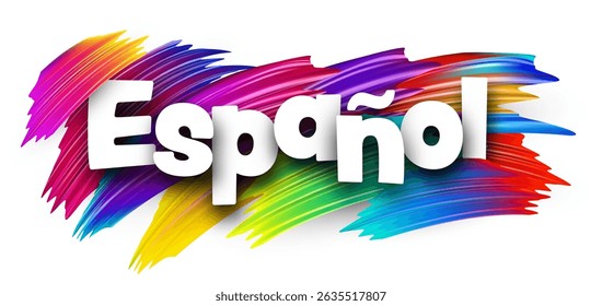 Spanish word meaning the Spanish language in bold white letters over vibrant multicolor vector brush strokes