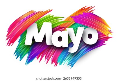 Spanish word meaning May in bold white letters over vibrant multicolor vector brush strokes