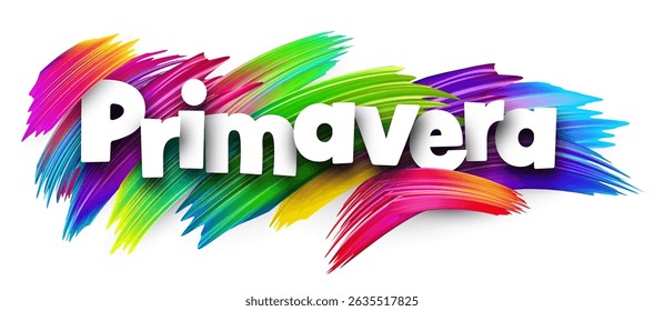 Spanish word meaning spring season in bold white letters over vibrant multicolor vector brush strokes