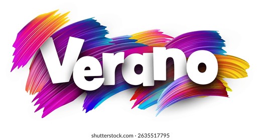 Spanish word meaning summer in bold white letters over vibrant multicolor vector brush strokes